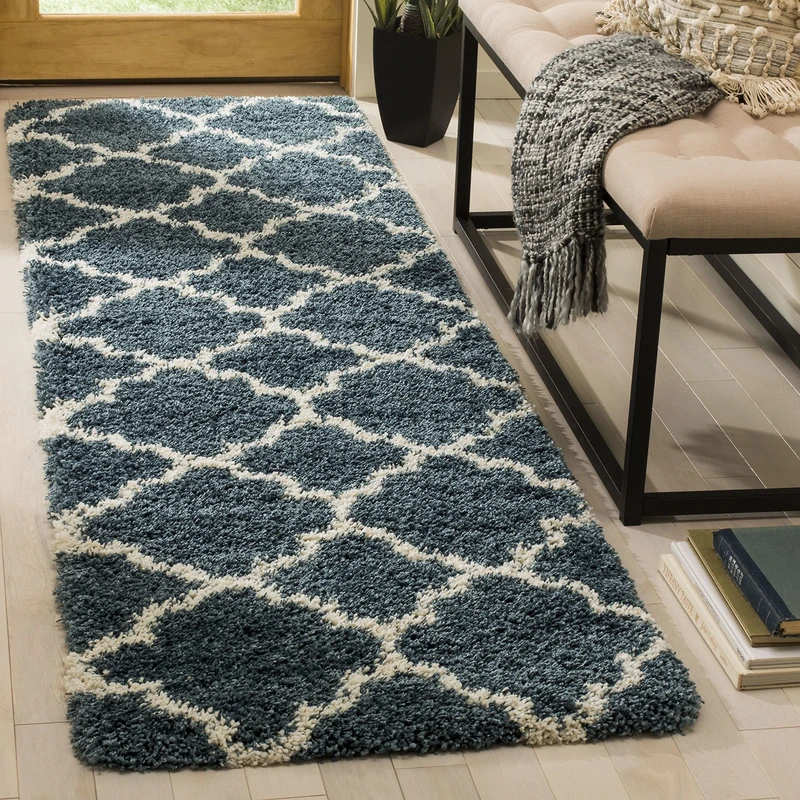 Safavieh Shaggy Indoor Woven Runner Area Rug, Hudson Shag Collection, SGH282, in Slate Blue / Ivory, 69 X 244 cm for Living Room, Bedroom or Any Indoor Space