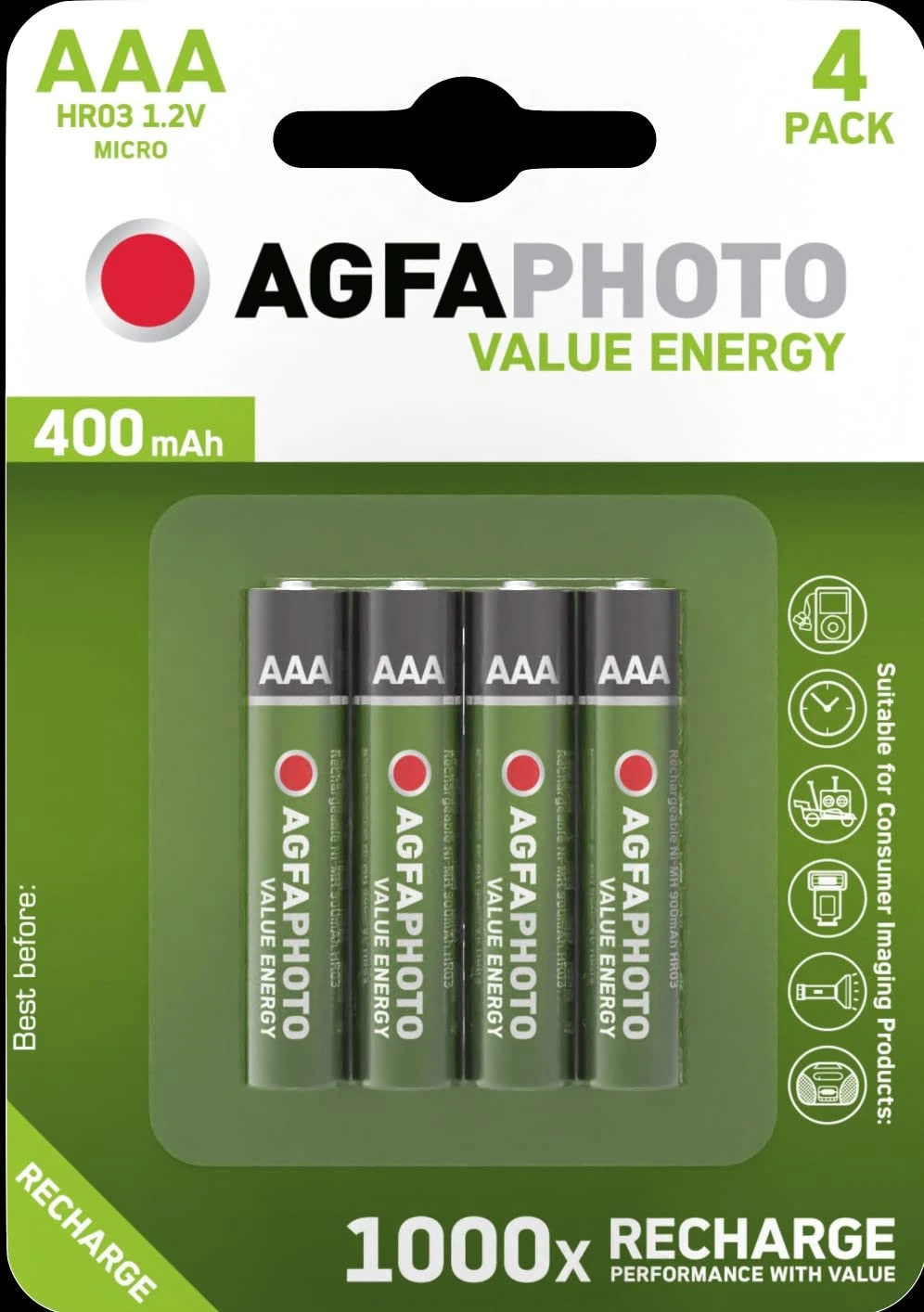 AGFA AAA RECHARGEABLE BATTERIES 400mAh Value Energy
