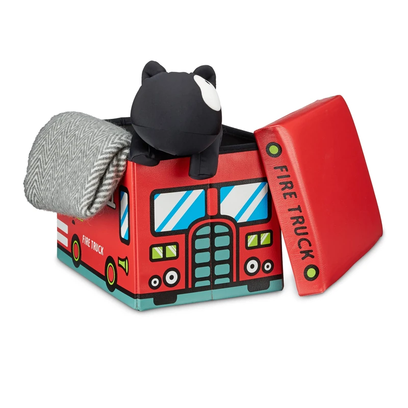 Relaxdays Folding Toy Box of 32 x 48 x 32 cm Toy Storage Ottoman of Faux Leather with 37L with Removable Lid for Children, Firetruck