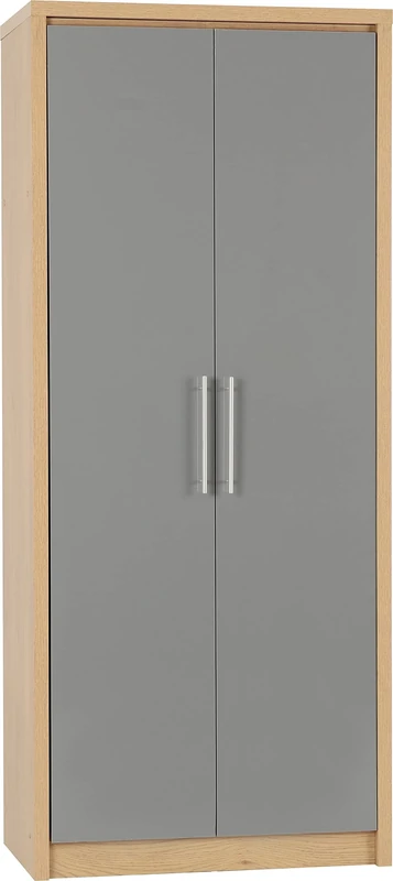 Seconique Seville 2 Door Wardrobe in Grey Gloss/Light Oak Effect Veneer
