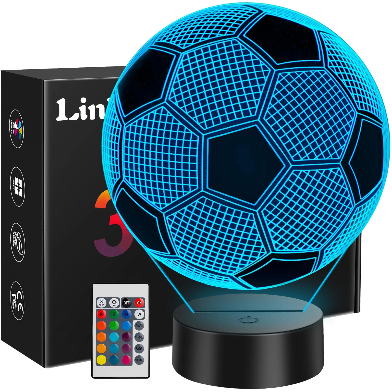 Linkax Football Gifts for Boys, 3D Illusion Football Night Light for Kids Girl Bedroom Decor, 16 Colors Change 5 6 7 8 9 10 11 12 Year Old Boy Birthday Gifts for Teenage Boy Christmas Stocking Fillers