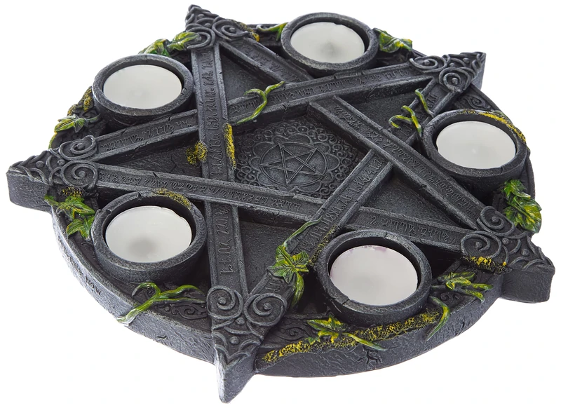 Nemesis Now Wiccan Pentagram Tealight Holder 25.5cm, Resin, Black, Beautifully Decorated Pentagram Design, Space to Fit 5 Tea Lights, Pentagram Design, Cast in the Finest Resin, Expertly Hand-Painted - Image 1