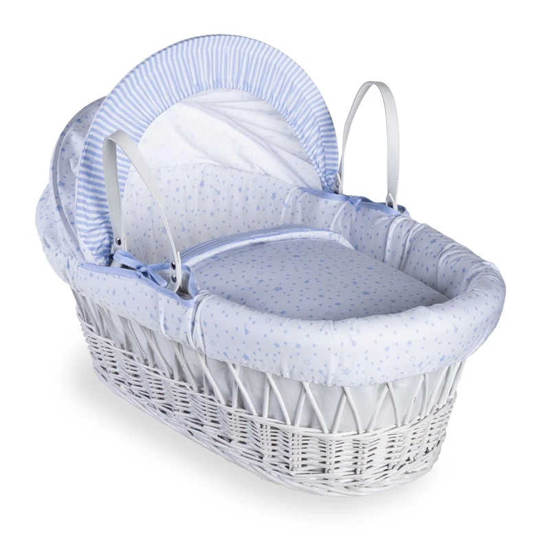 Clair de Lune Stars and Stripes White Wicker Moses Basket inc. bedding, mattress & adjustable hood (Blue)