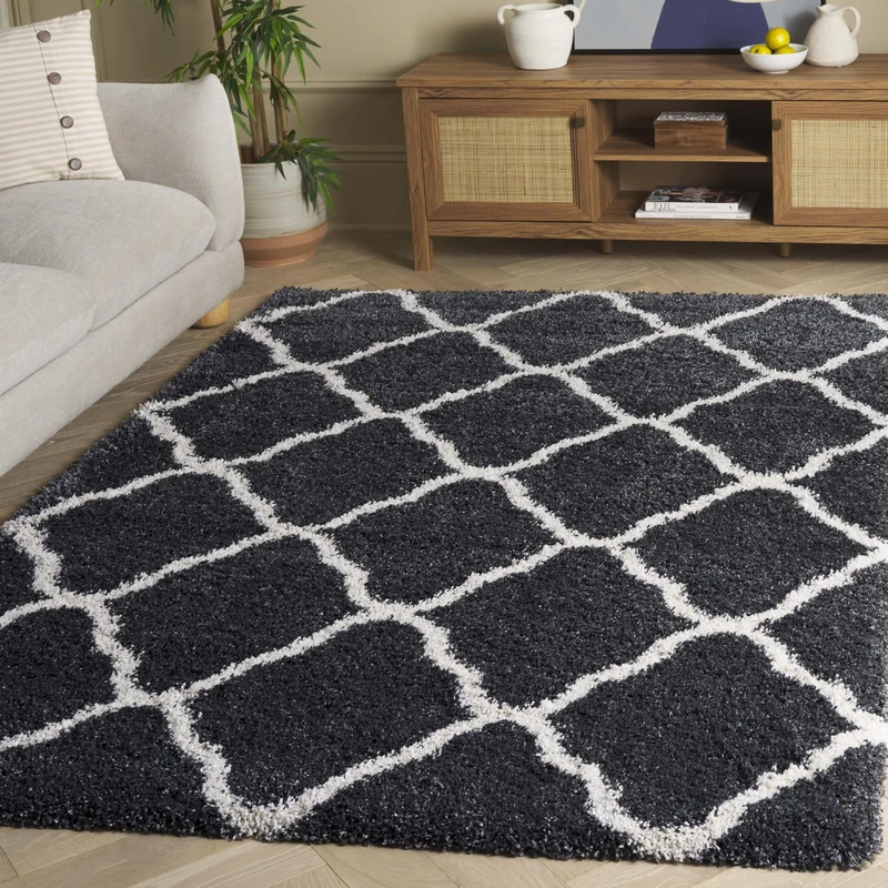 Safavieh Shaggy Indoor Woven Rectangle Area Rug, Hudson Shag Collection, SGH283, in Dark Grey / Ivory, 155 X 229 cm for Living Room, Bedroom or Any Indoor Space