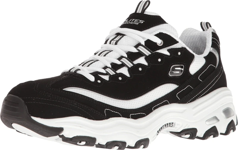 Skechers Women's D'lites Biggest Fan Sneaker, Black Trubuck White Mesh Silver Trim, 6 UK