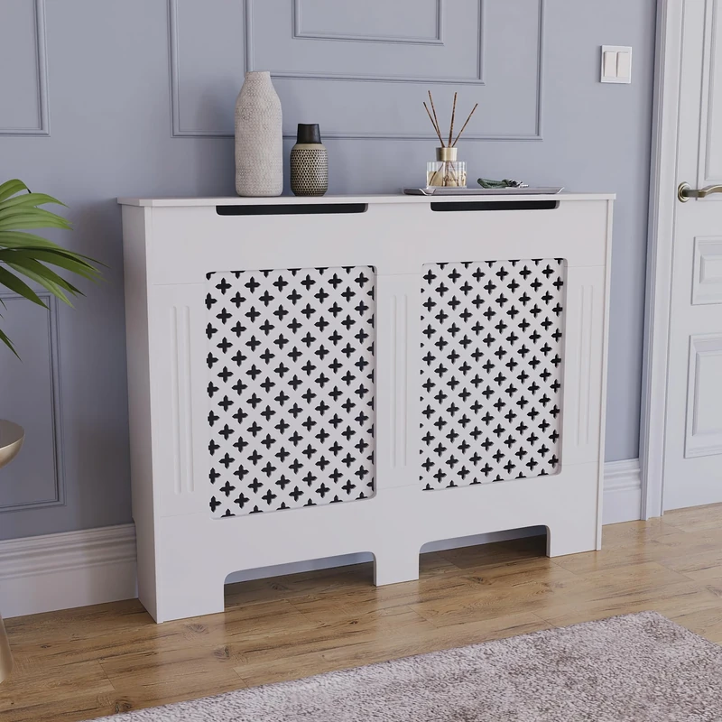 Vida Designs Oxford Radiator Cover White - Medium - Traditional Cross Pattern Design For Optimal Heat Circulation - H82xW111xD19cm - Painted MDF Cabinet Ideal For Living Room & Hallway