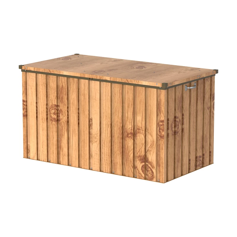 Duramax DH 1.3 Metal Cushion Box (585 L) with Hydraulic Gas Cylinder & Padlock Eye, Outdoor Deck Box and Garden Furniture Organizer, Woodgrain & Brown Trimmings
