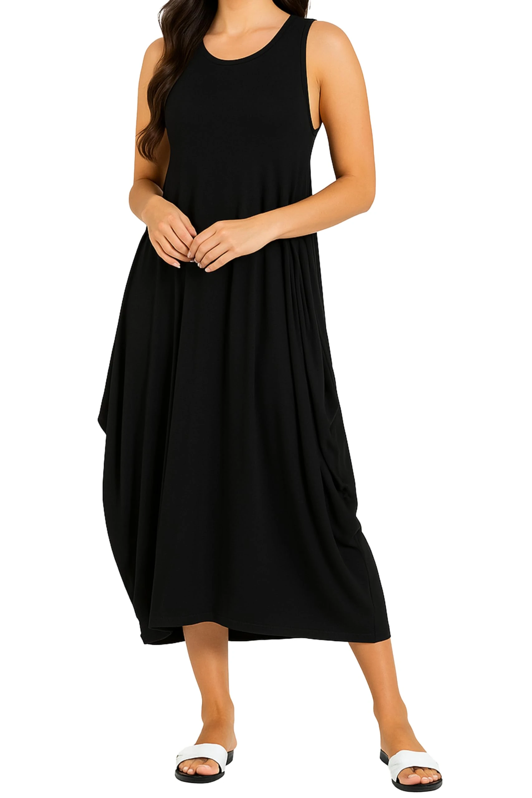 Re Tech UK - Womens Sleeveless Baggy Loose Racer Dress - Lagenlook Tulip Round Neck - Maxi Dresses for Women UK, Ladies Summer Dresses, Beach Holiday Clothes, Plus Size Dress for Women, Black 12-14