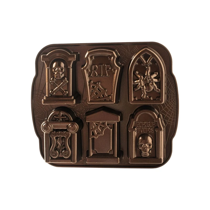 Tombstone Mini Cake Tin, Cast Aluminium Mini Halloween Cake Tin, Makes 6 Mini Cakes with Spooky Pattern, Cake Mould Made in The USA, Colour: Bronze