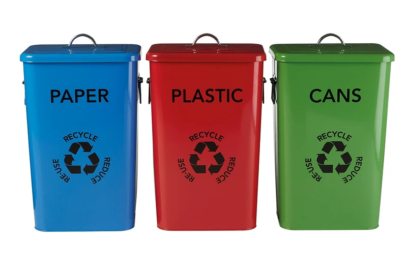 Premier Housewares Plastic, Paper and Cans Recycle Logo Bins - Multi-Colour, Set of 3