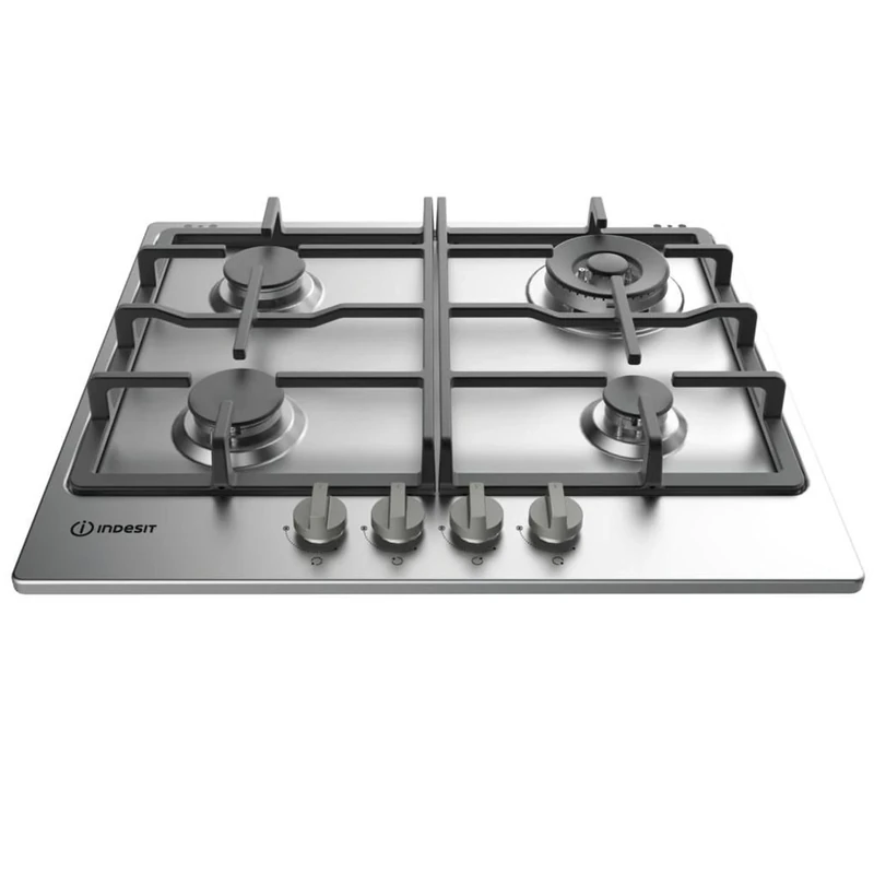 Indesit THP 641 W/IX/I 60 cm Gas Hob; 4 Gas Burners, 1 High Power Flame; Electronic Ignition Under Knob; Gas Safety Valve; 2 Cast Iron Grills