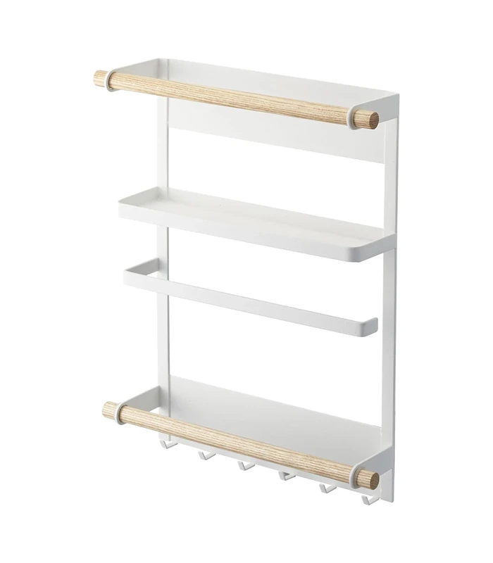 Yamazaki 2559 Tosca Magnetic Refrigerator Side Rack, White, Steel/Wood, Minimalist, 32 x 10 x 36 cm