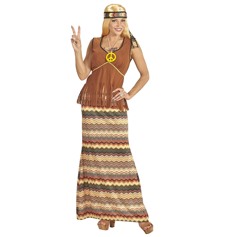 Widmann adult's hippie woman costume, dress with jacket, skirt, headband and necklace with peace sign