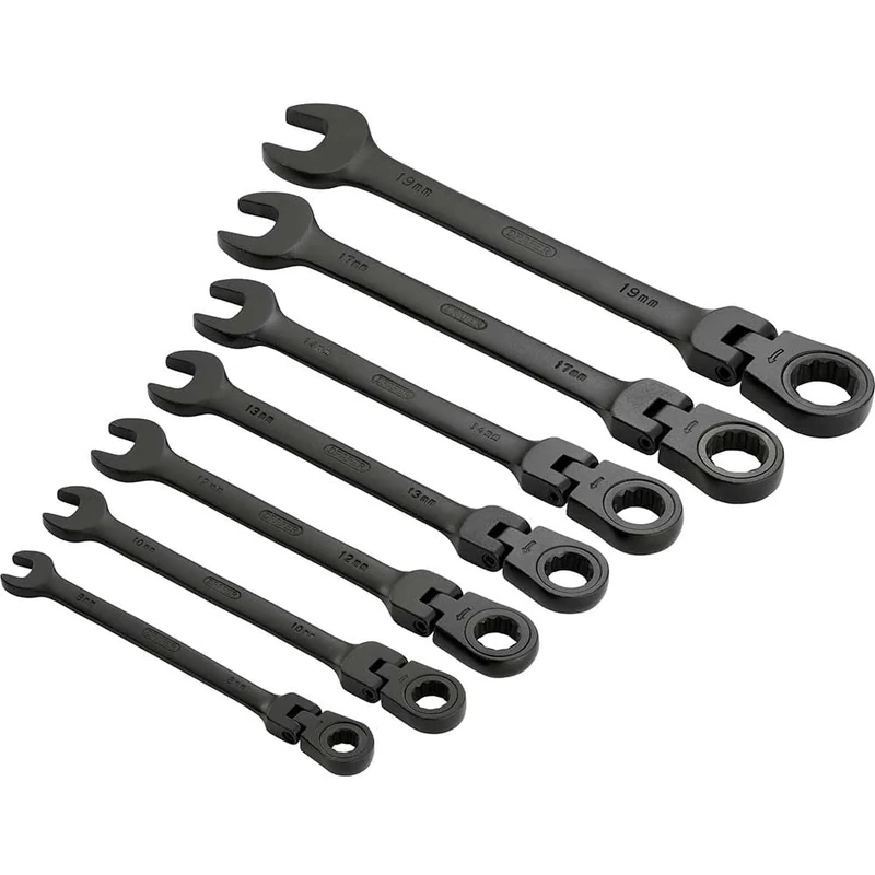 Draper 7 Piece Flexible Head Combination Spanner Set - 15087 - Ratcheting Metric Tool Kit, Black