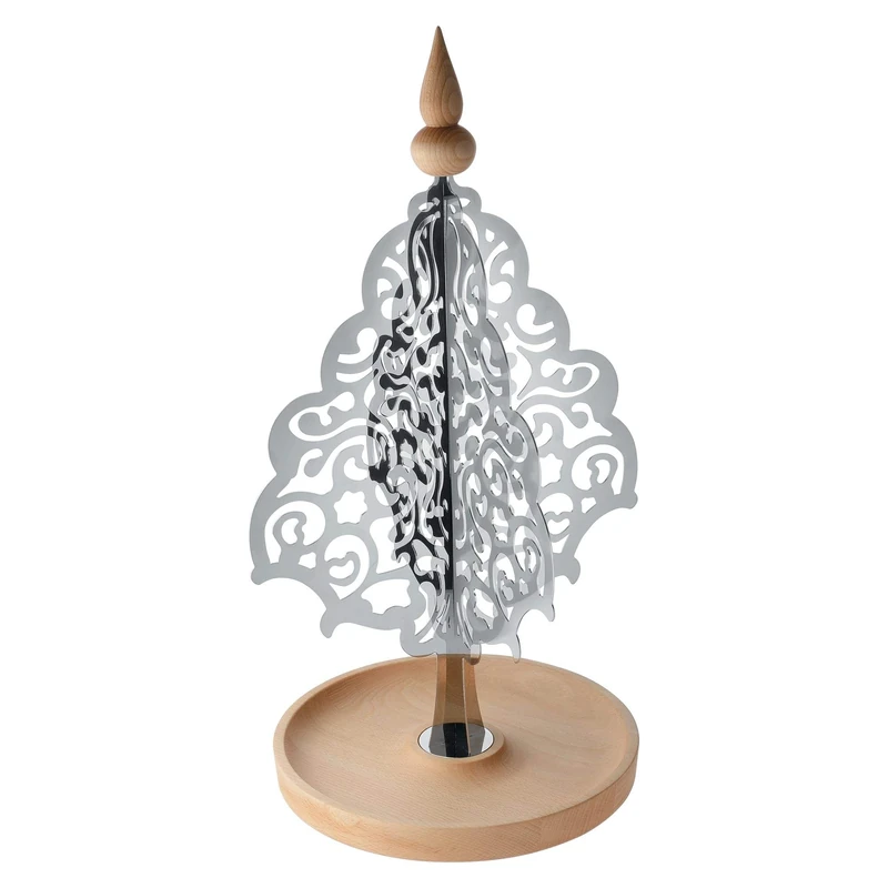 Alessi "Dressed For X-Mas Tabletop Christmas Tree in Stainless Steel and Beech-Wood, Silver