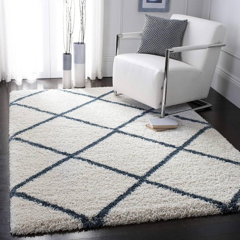 Safavieh Shaggy Indoor Woven Rectangle Area Rug, Hudson Shag Collection, SGH281, in Ivory/Slate Blue, 122 x 183 cm for Living Room, Bedroom or Any Indoor Space