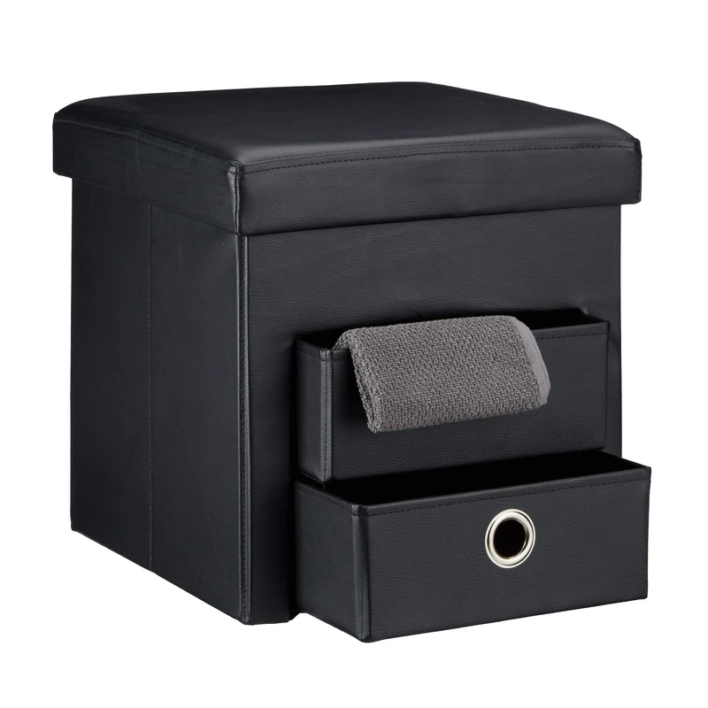Relaxdays Folding Storage Ottoman with 2 Pull-Out Compartments Drawers, Footstool Total Size: 38 x 38 x 38 cm Faux Leather Seat Pouffe with Foldable Storage Space with Removable Box Stool, Black