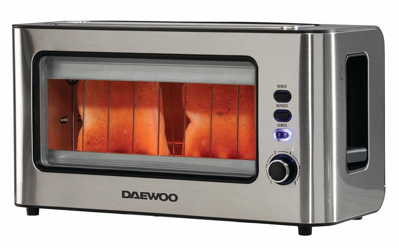 Daewoo 2 Slice Glass Toaster, Clear Viewing Window, Wide Slot for Larger Bread Types, 6 Browning Levels, Defrost & Reheat Functions, Removable Glass Panel for Easy Clean, Cool Touch Design