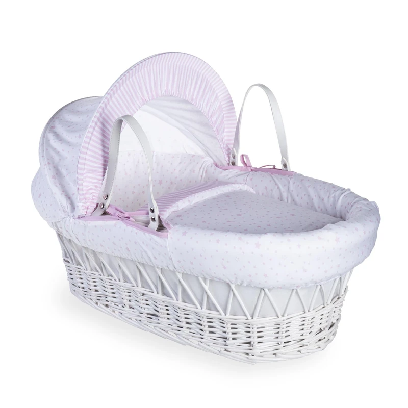 Clair de Lune Stars and Stripes White Wicker Moses Basket inc. bedding, mattress & adjustable hood (Pink)