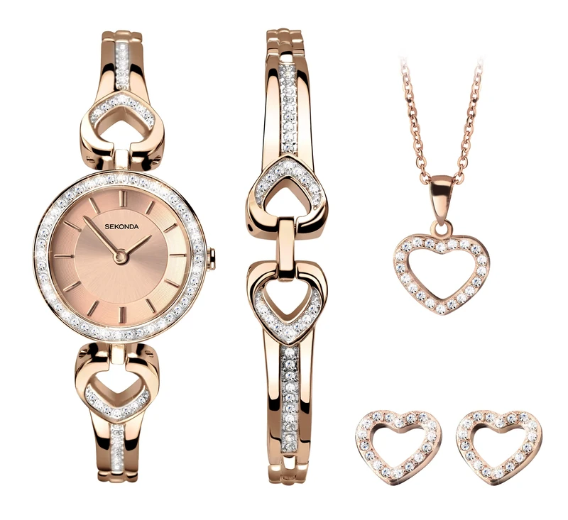 Sekonda Womens 26mm Stone Set Rose Gold Watch Gift Set with Heart Bracelet Earrings and Necklace