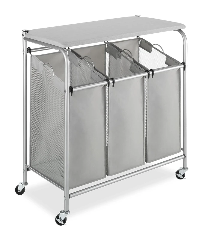 Whitmor 3 Section Rolling Laundry Sorter with Folding Station - Ironing Board, Chrome/Gray