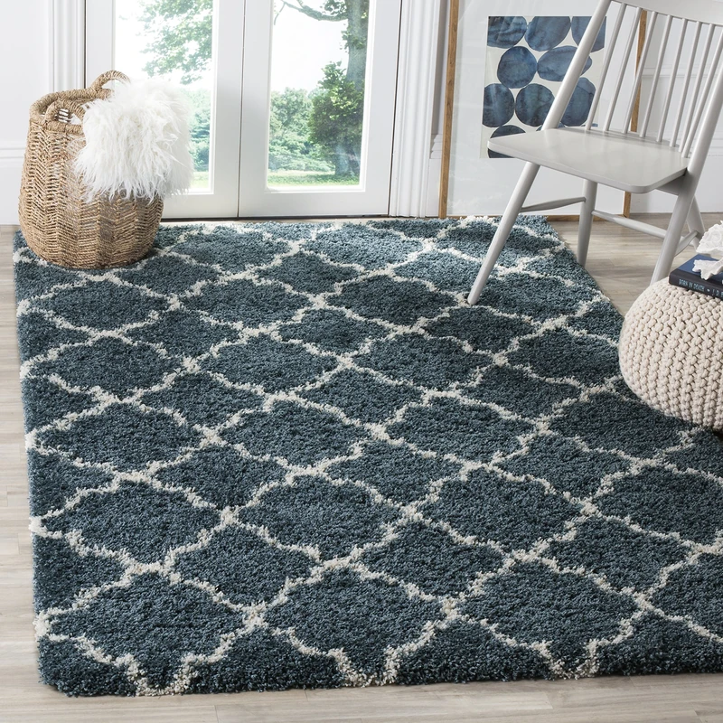 Safavieh Shaggy Indoor Woven Rectangle Area Rug, Hudson Shag Collection, SGH282, in Slate Blue / Ivory, 155 X 229 cm for Living Room, Bedroom or Any Indoor Space