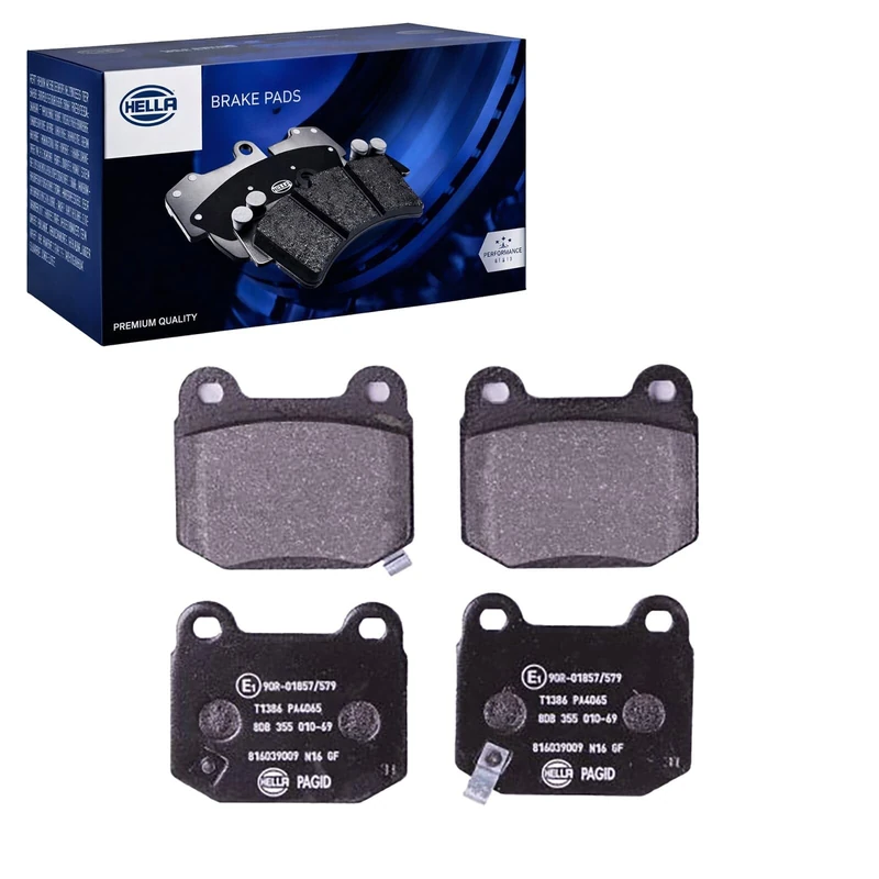 HELLA 8DB 355 010-691 Brake pad set - with acoustic wear warning - T1386 - for e.g. MITSUBISHI / NISSAN / SUBARU