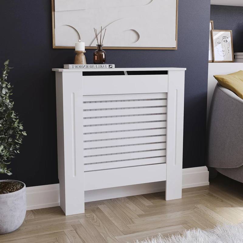 Vida Designs Milton Radiator Cover White - Small - Modern Horizontal Slat Design For Optimal Heat Circulation - H82xW78xD19cm - Painted MDF Cabinet Ideal For Living Room & Hallway