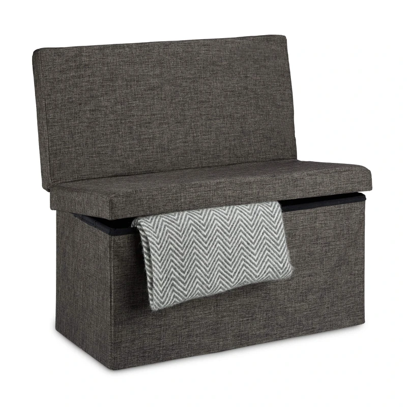 Relaxdays Folding Storage Ottoman with Seat Back Size Large 73 x 76 x 38 cm Bench with Storage Space Sturdy Linen Stool with Removable Lid, Brown