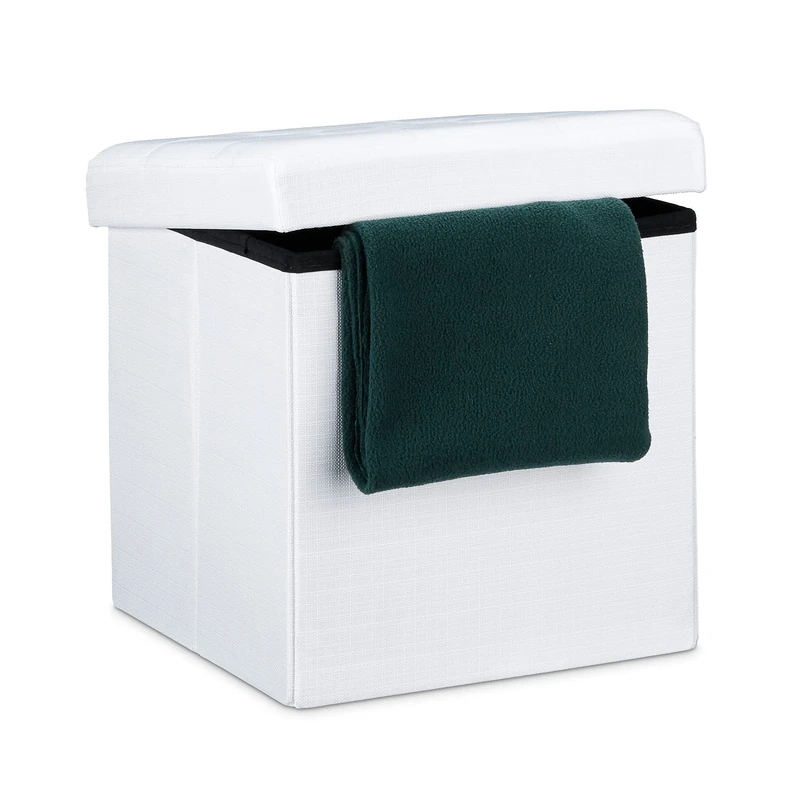 Relaxdays Folding Ottoman 38 x 38 x 38 cm Storage Chair, Footstool Pouf Box Cube, Removable Lid, White