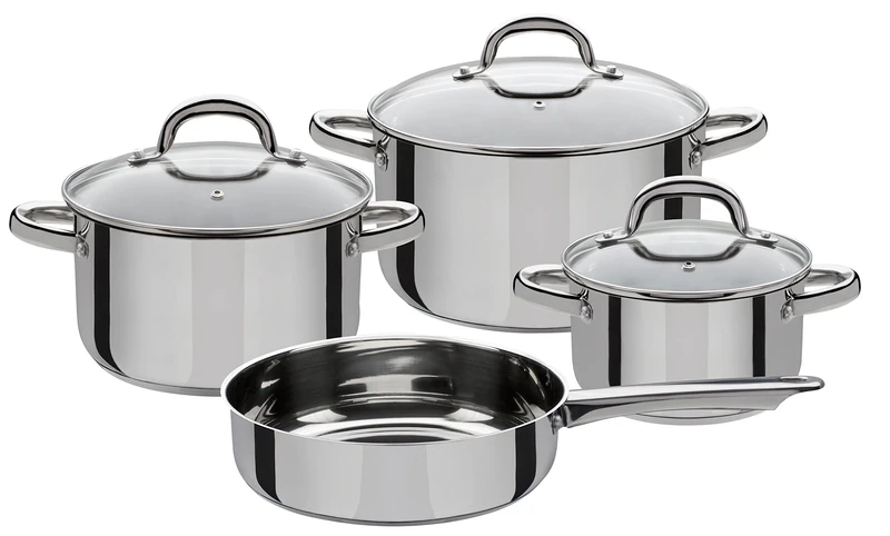 GSW Stahlwaren GmbH Stainless Steel Cookware Set with Glass Lid, Silver/Clear, 4-Piece