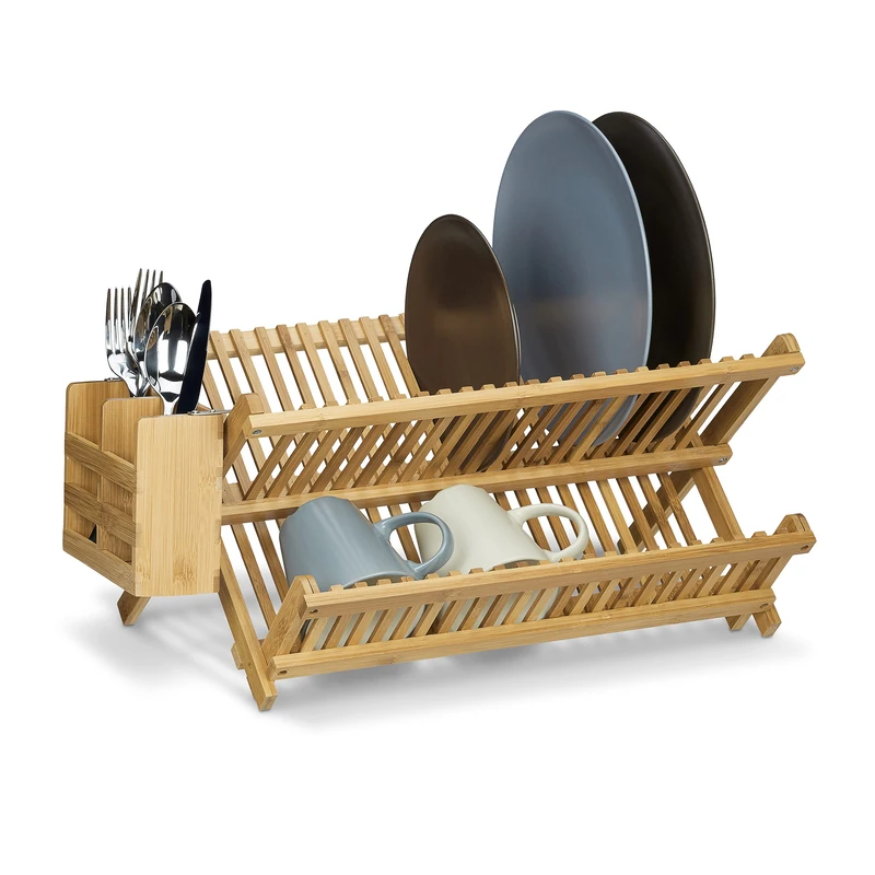 Relaxdays Bamboo Dish Rack, Drainer with Cutlery Compartment, Wooden Dryer for Plates, HxWxD: 24 x 46 x 28 cm, Natural, Wood, 34 x 53 x 24 cm