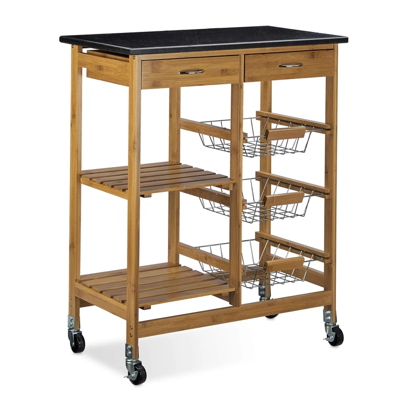 Relaxdays ALFRED XL Bamboo Kitchen Cart with Black Marble Counter, Size: 82.5 x 67.5 x 37.5 cm Kitchen Trolley with 2 Drawers Serving Cart w/ 3 Stainless Steel Baskets Kitchen Island Rolling w/Wheels