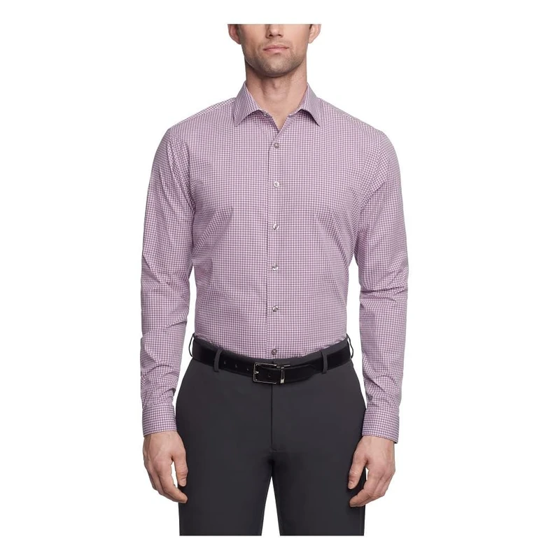 UNLISTED by Kenneth Cole Men's Dress Shirt Slim Fit Checks and Stripes (Patterned), Raspberry, 18"-18.5" Neck 34"-35" Sleeve
