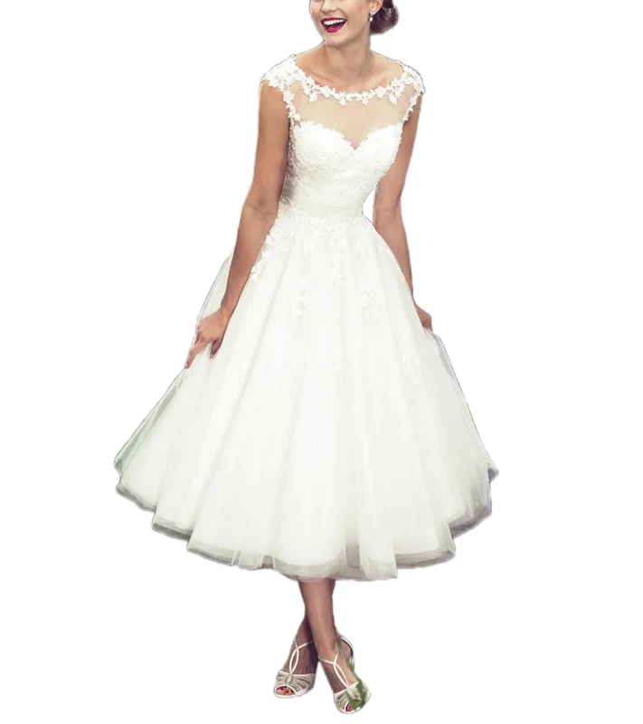 Women's Elegant Sheer Vintage Short Lace Wedding Dress for Bride, Ivory, 16