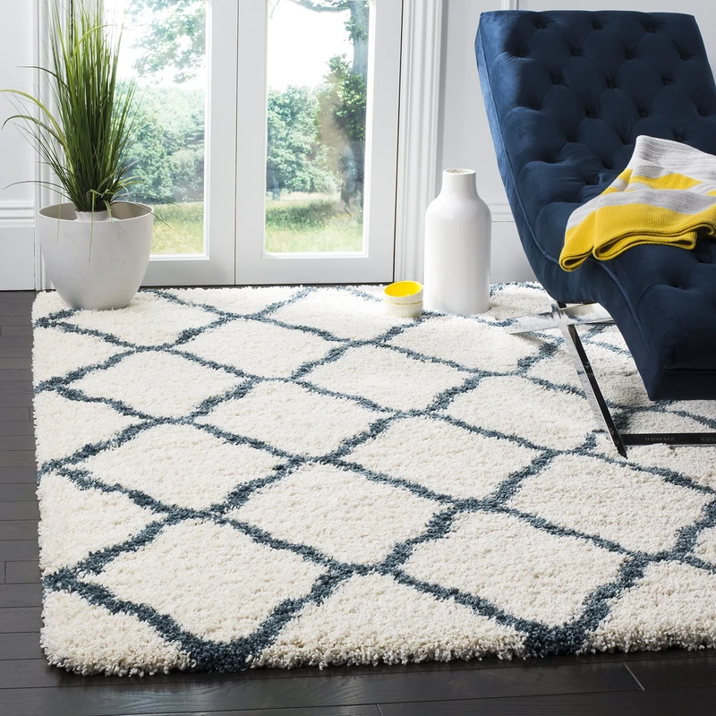 Safavieh Shaggy Indoor Woven Rectangle Area Rug, Hudson Shag Collection, SGH283, in Ivory/Slate Blue, 91 x 152 cm for Living Room, Bedroom or Any Indoor Space