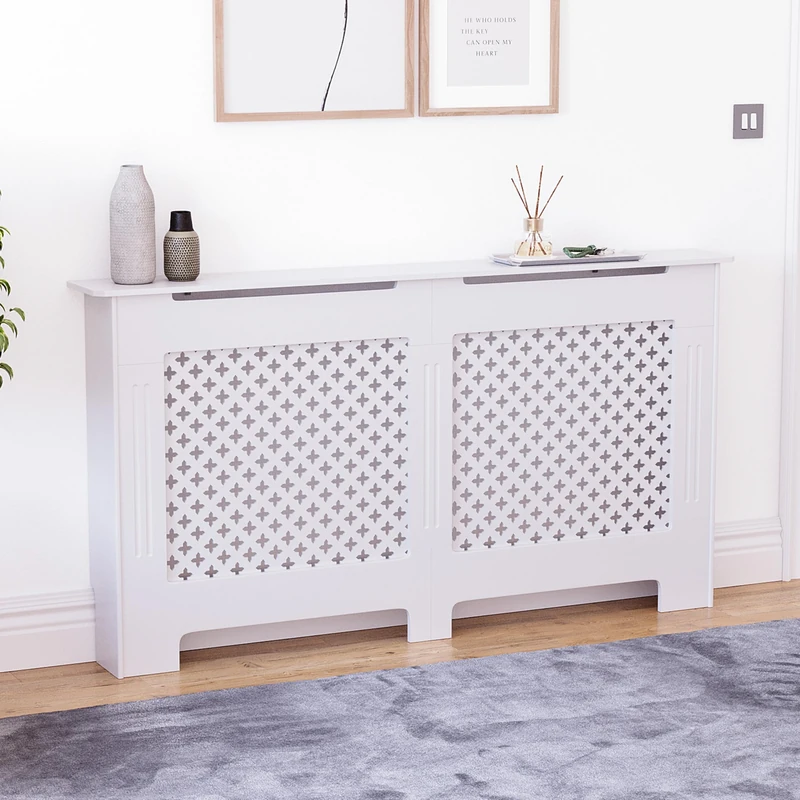 Vida Designs Oxford Radiator Cover White - Large - Traditional Cross Pattern Design For Optimal Heat Circulation - H82xW152xD19cm - Painted MDF Cabinet Ideal For Living Room & Hallway