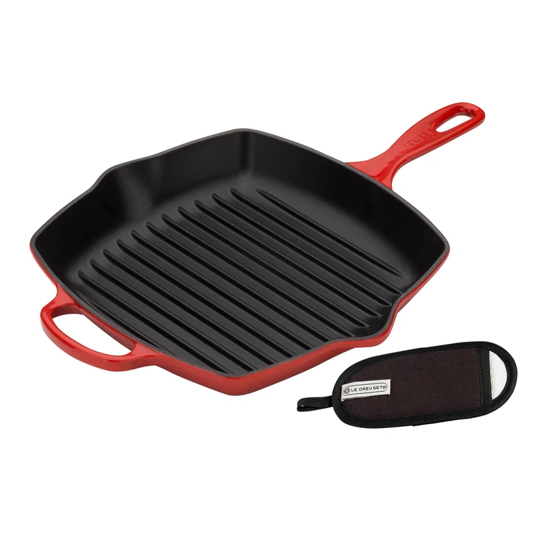 Le Creuset Signature Cast Iron Square Grillit with Handle Glove, 26 cm - Cerise