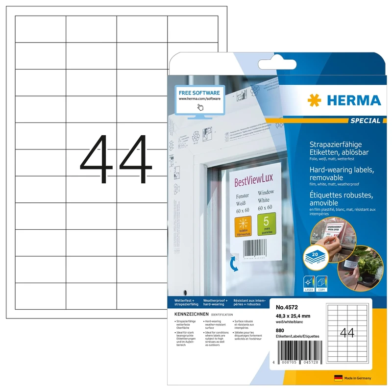 HERMA Self Adhesive Removable Film Labels, 44 Labels per A4 Sheet, 20 Sheets, 48.3 x 25.4 mm, 880 Labels, Blank Weatherproof Labels Stickers, Sticky Labels for Laser & Inkjet Printer, White
