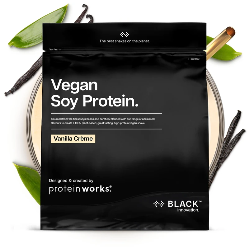 Protein Works | Vegan Soy Protein - Black Innovation, Premium Soy Protein Isolate, Low Fat, No Added Sugar, 27g Protein, 100% Plant-Based Nutrition, Vanilla Crème, 66 Servings, 2kg