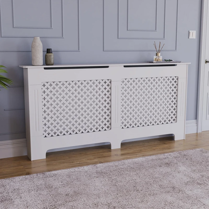 Vida Designs Oxford Radiator Cover White - Extra Large - Traditional Cross Pattern Design For Optimal Heat Circulation - H82xW172xD19cm - Painted MDF Cabinet Ideal For Living Room & Hallway