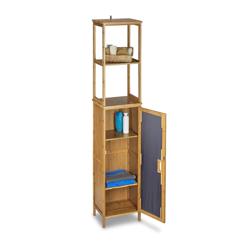 Relaxdays Bathroom Bamboo Cabinet 170 x 33.5 x 28 cm Bathroom Cupboard with 6 Shelves with Practical Storage Room for Bathroom Accessories Standing Shelf with 2 Ajustable Boards Bath Stand, Natural