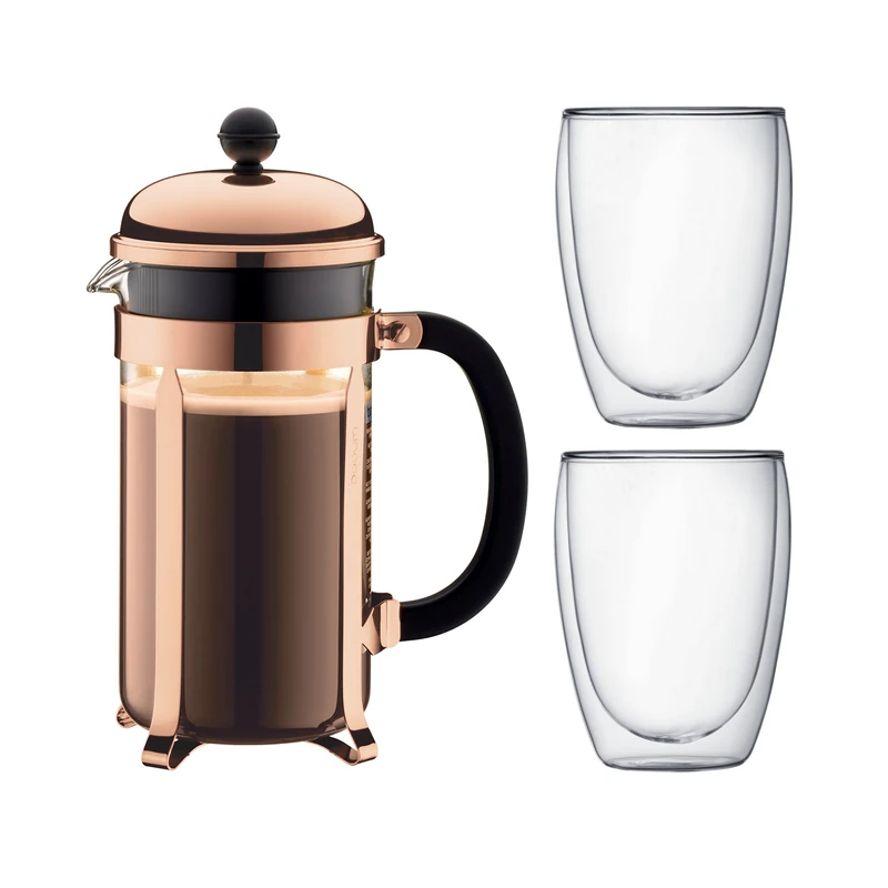 BODUM 8 Cup Chambord Coffee Maker with 0.35 Litre Double Wall 2 Pavina Glasses, Copper, Medium, 1.0 Litre, 14.9 x 26.8 x 32.5 cm K1928-18-1