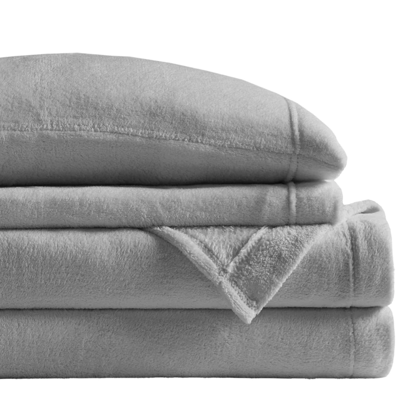 SLEEP PHILOSOPHY True North Soloft Plush Bed Sheet Set, Wrinkle Resistant, Warm, Soft Fleece Sheets with 14" Deep Pocket Cold Season Cozy Bedding-Set, Matching Pillow Case, Full, Grey, 4 Piece