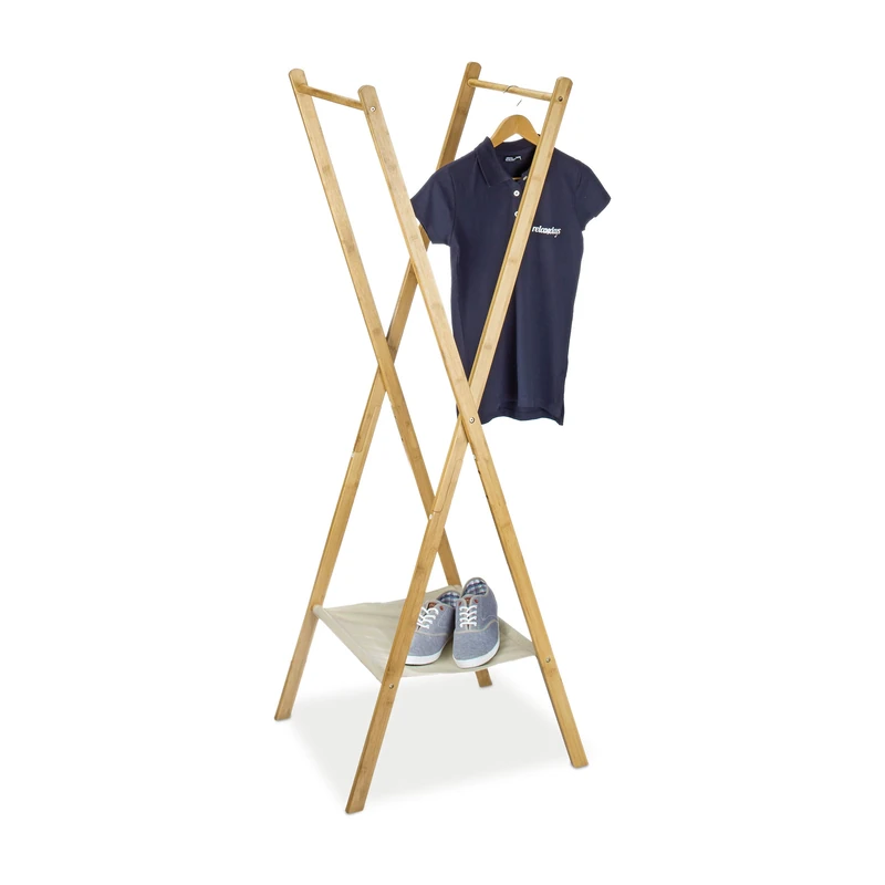 Relaxdays Clothes Stand made of Bamboo, Size: 155.5 x 50 x 57.5 cm Wardrobe Coat Hanger w/Practical Shoe Rack Shoe Shelf Space-Saving for Garments Laundry Clothing with 2 Wooden Rails, Natural Brown