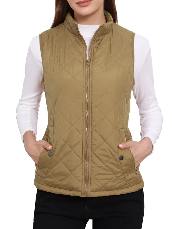 Allegra K Women's Body Warmer Stand Collar Lightweight Quilted Zip Jacket Gilet Khaki M