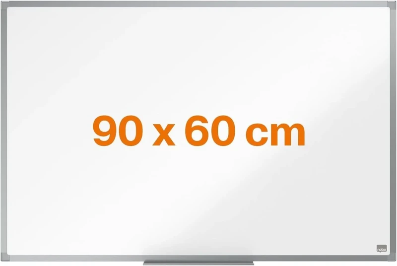 Nobo Steel Magnetic Whiteboard, 900 x 600mm, Aluminium Trim, Corner Wall Mounting, Includes Whiteboard Pen Tray, Essence Range, 90 x 60cm, White, 1905210