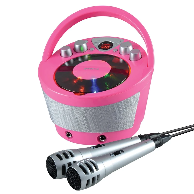 Groov-e Portable Party Karaoke Boombox Machine with CD Player, Bluetooth Wireless Playback, Party Effect Lighting, Mic & Voice Control - 2 Microphones included - Pink