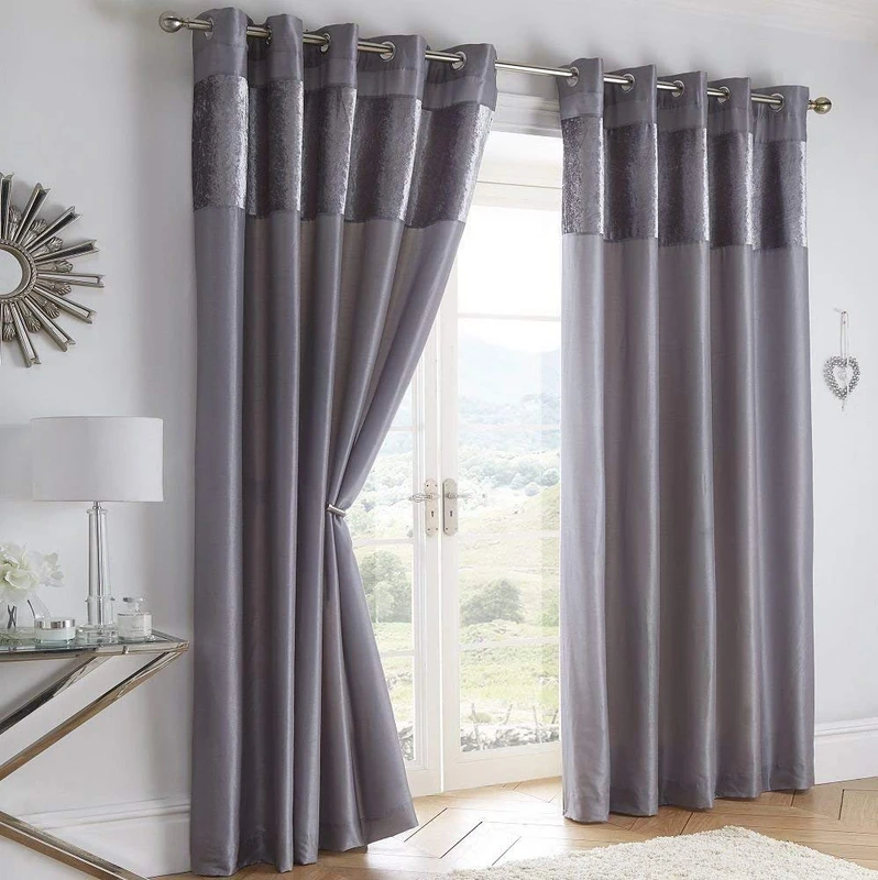 Boulevard Velvet Strip Faux Silk Eyelet Ring Top Curtains Fully Lined, Fabric, Silver Grey, 66 x 90-Inch