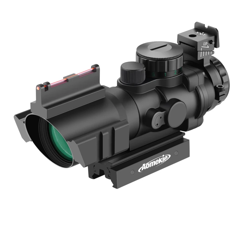 AOMEKIE Rifle Scope 4X32mm Airsoft Red Dot Sight Scope with Top Fiber Optic Sight and 11mm/22mm Picatinny Rail Mount for Hunting